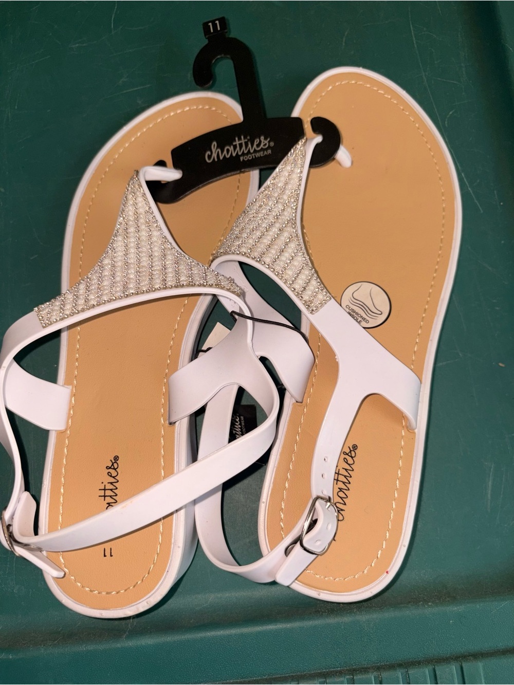 chatties White Rhinestone T-Strap Sandals with Tan Insole